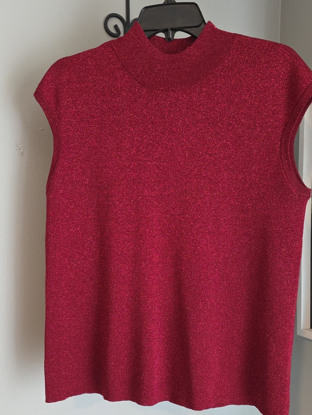 Mock Neck Sleeveless Metallic Tank Top - Deep Red Size XL